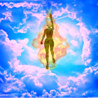 Female superhero in golden and pink armor floating in vibrant sky with glowing aura