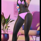 Digital illustration of dark-skinned woman in lavender bodysuit with tattoos, gold heels, and hoop