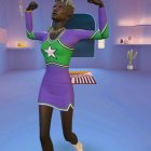 Superheroine with afro in green and purple suit against sky.