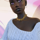 Digital Artwork: Woman with Silver Hair, Purple Eyeshadow, Off-Shoulder Dress