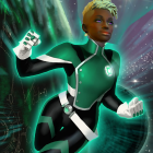 Female Green Lantern superhero flying through space with power rings in comic-style illustration