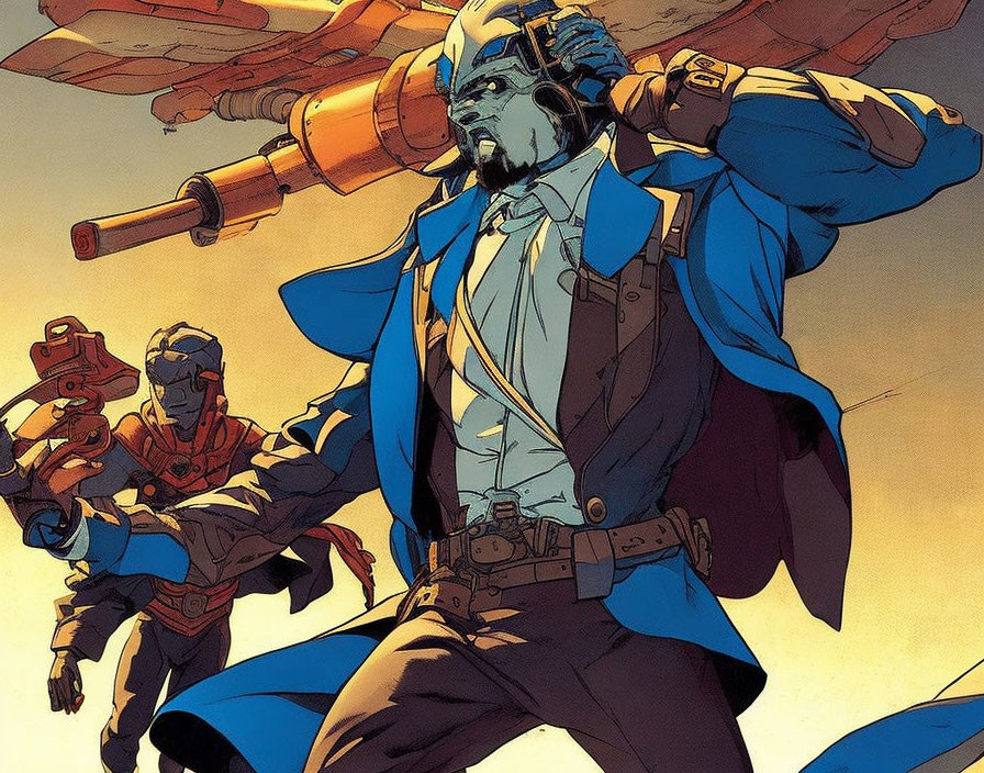 Anthropomorphic wolf in blue suit with cybernetic arms and two armored figures on warm-toned