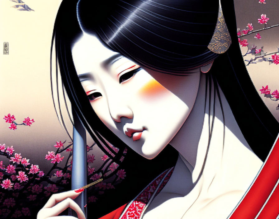 Illustration of woman with pale skin and black hair holding brush among pink cherry blossoms