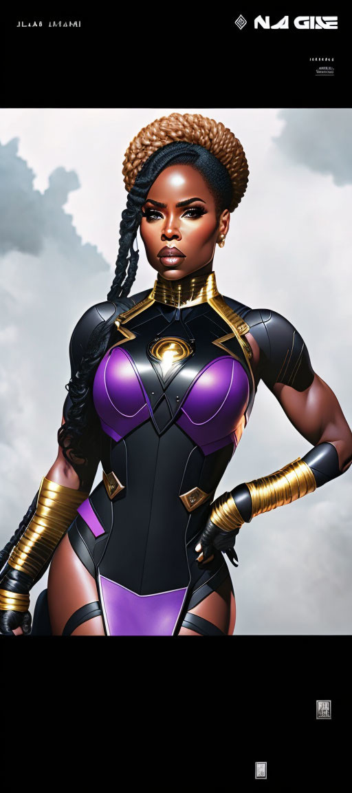 Confident woman in futuristic black and purple suit with gold accents and braided hair