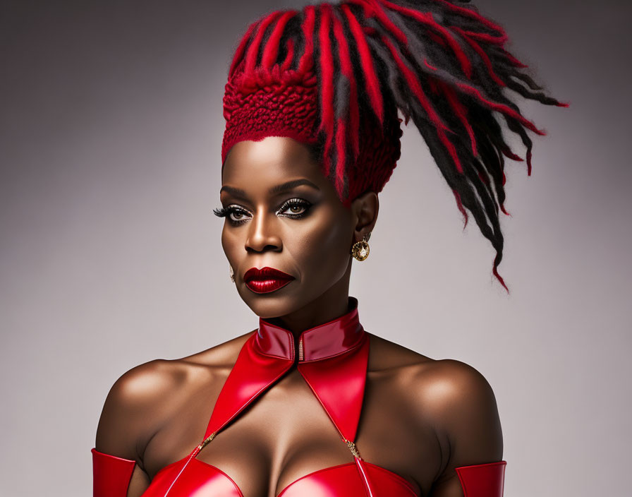 Striking red dreadlocks and bold makeup on woman in red latex top