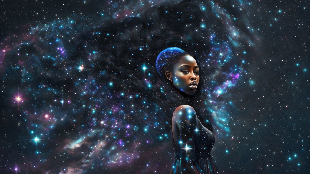 Surreal image of woman with afro hairstyle blending into galaxy theme