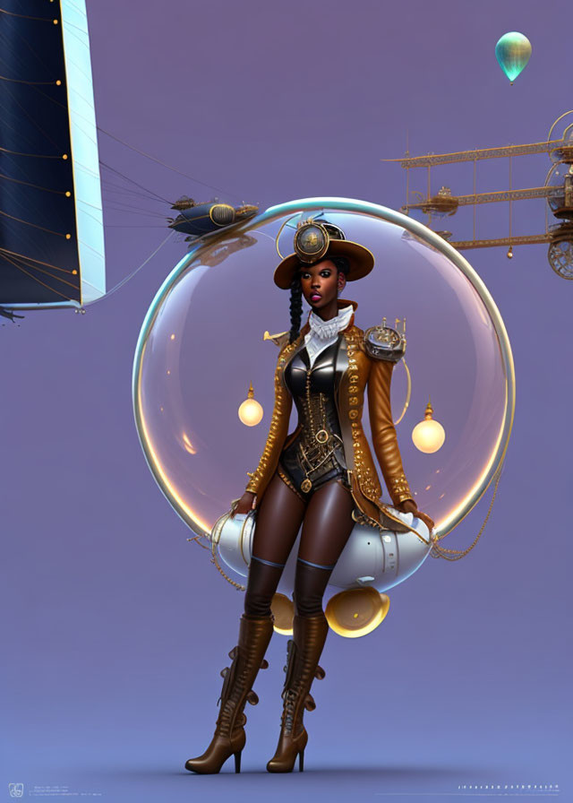 Steampunk-themed female character in sphere with airships.