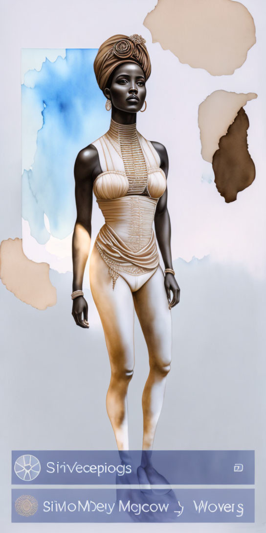 Digital artwork of statuesque figure with elaborate accessories against abstract background