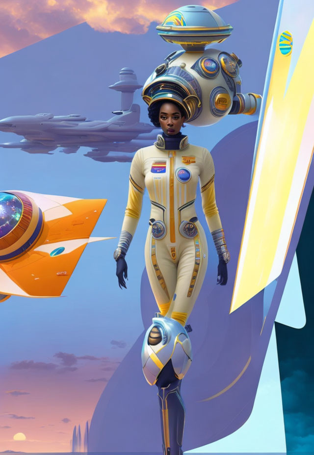 Futuristic female astronaut in yellow suit with sci-fi spacecraft and alien sky