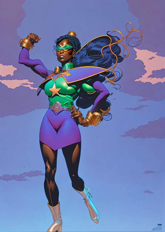 Superheroine with afro in green and purple suit against sky.