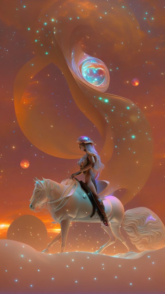 Warrior woman on white horse in armor against galaxy backdrop