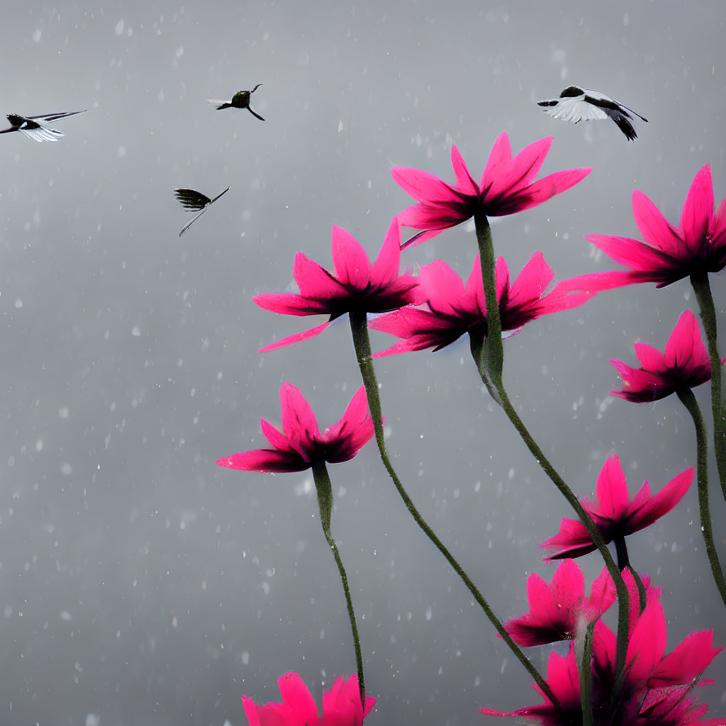 Pink flowers contrast with snowy background in bird-filled scene