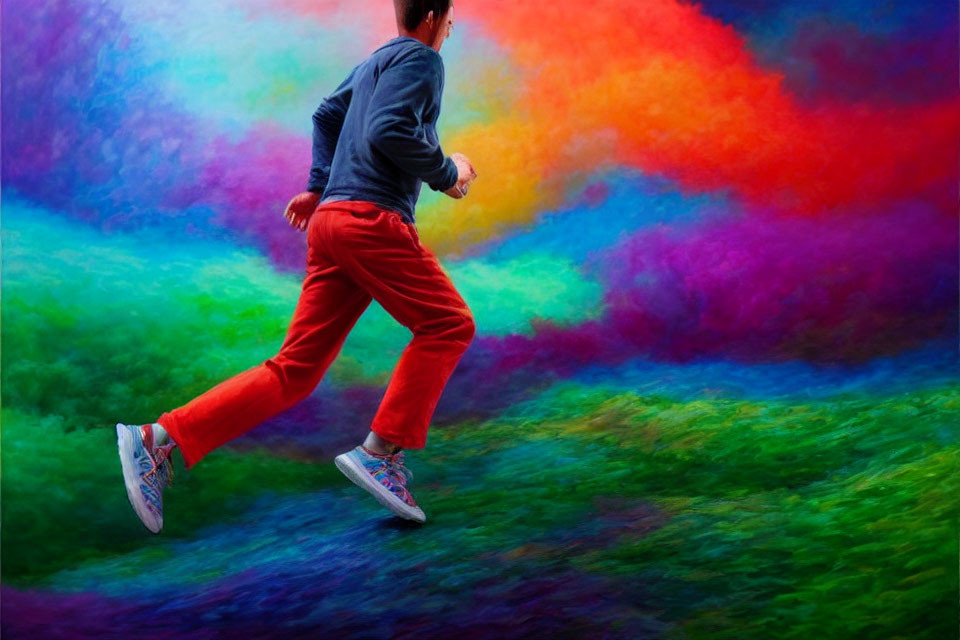 Person in Red Pants Running Through Vibrant Rainbow Mist