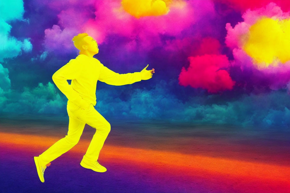 Silhouette of Running Person with Vibrant Multicolored Smoke Clouds