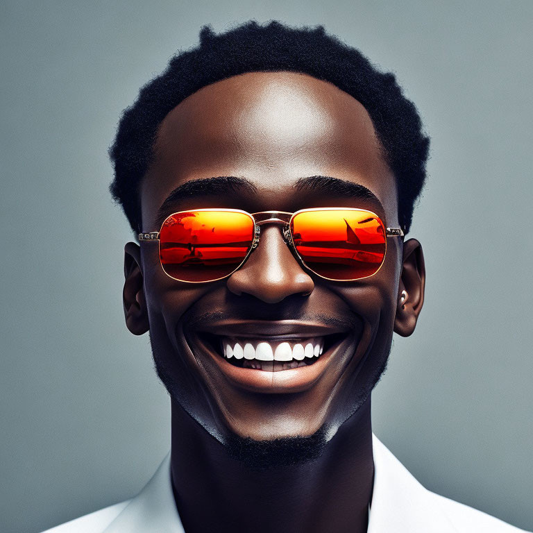 Smiling man in orange sunglasses on grey background