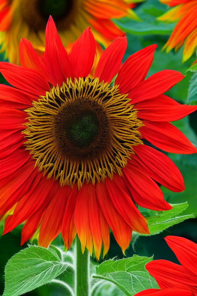 Vibrant red sunflower with yellow tips and spiral seed pattern surrounded by green leaves