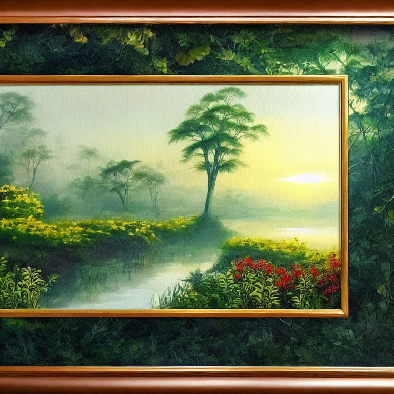 Framed landscape painting: serene lake scene at sunrise