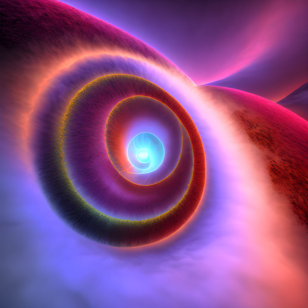 Vivid surreal landscape with circular patterns and glowing central spiral