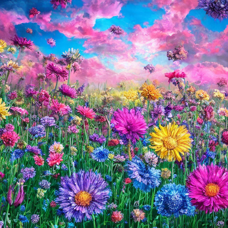 Colorful Impressionistic Painting of Flower Field and Sky