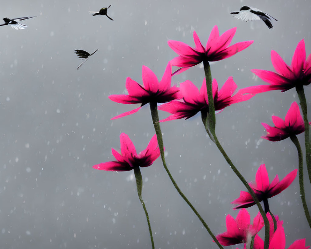 Pink flowers contrast with snowy background in bird-filled scene