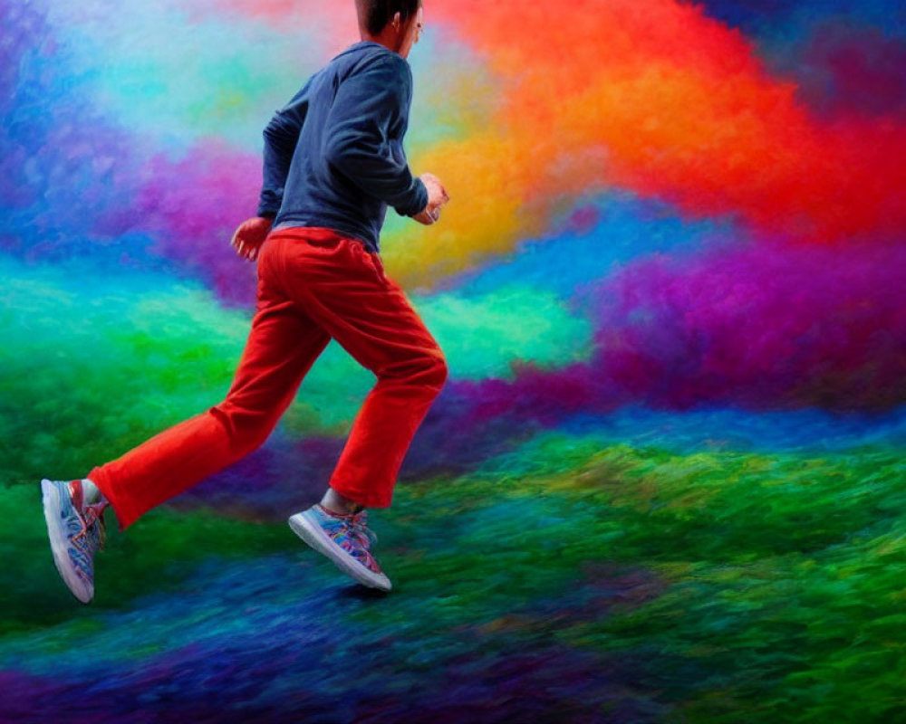 Person in Red Pants Running Through Vibrant Rainbow Mist