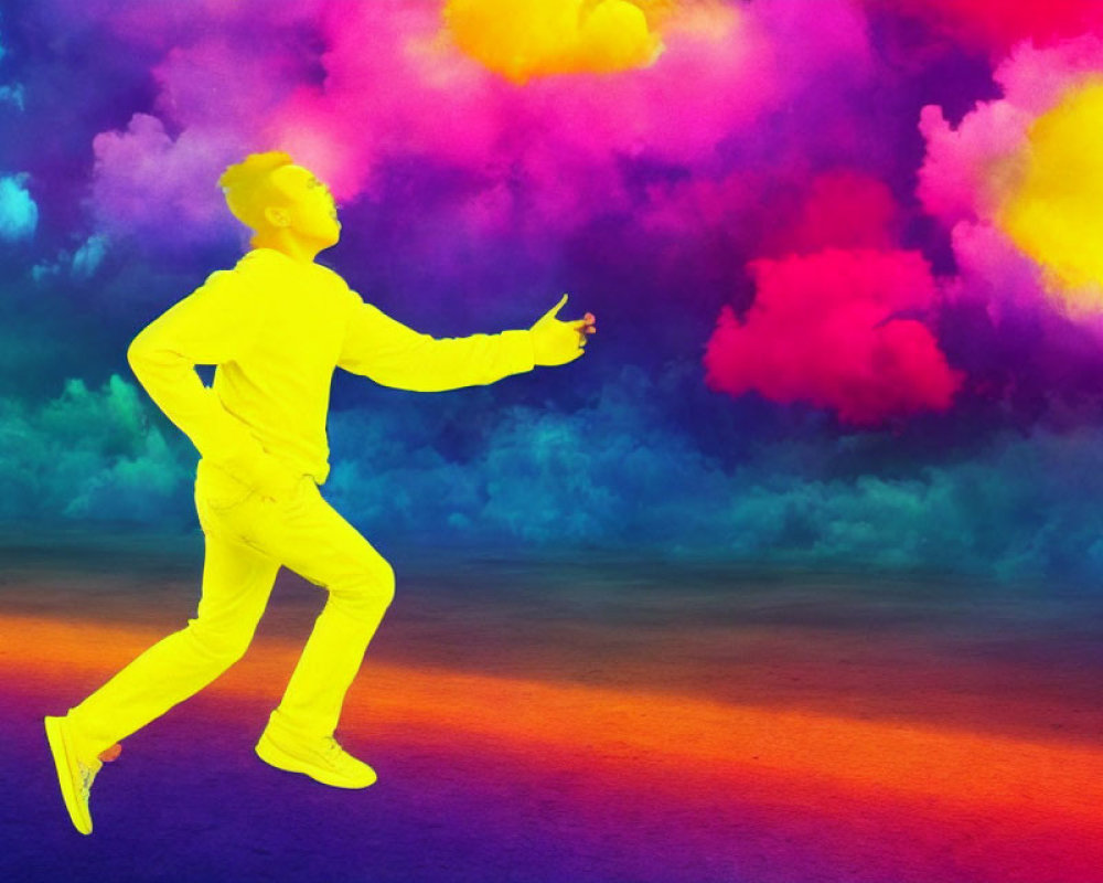 Silhouette of Running Person with Vibrant Multicolored Smoke Clouds