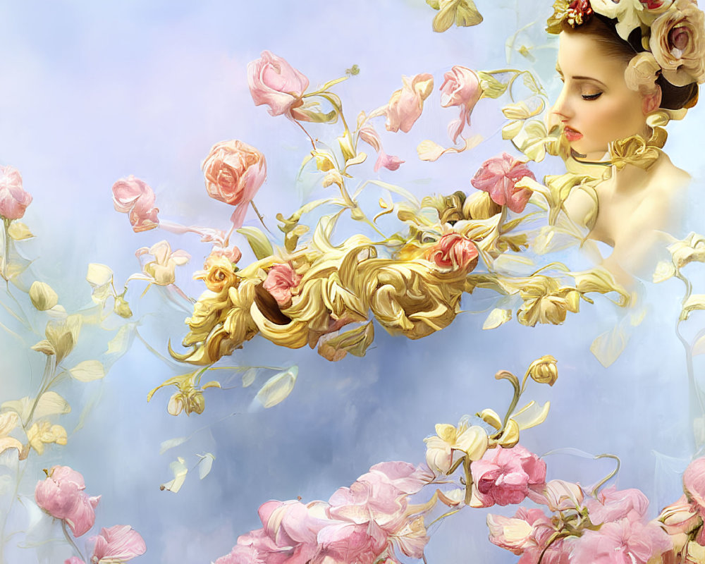 Surreal woman's profile with floral growth on pastel background