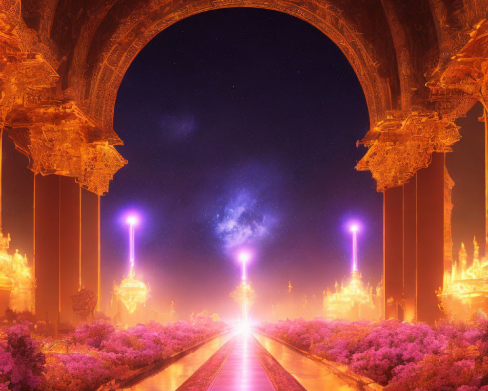 Ornate archway leading to starry night sky with glowing lamps and purple foliage