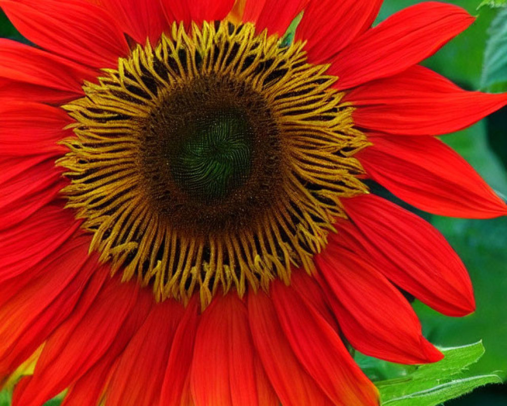 Vibrant red sunflower with yellow tips and spiral seed pattern surrounded by green leaves