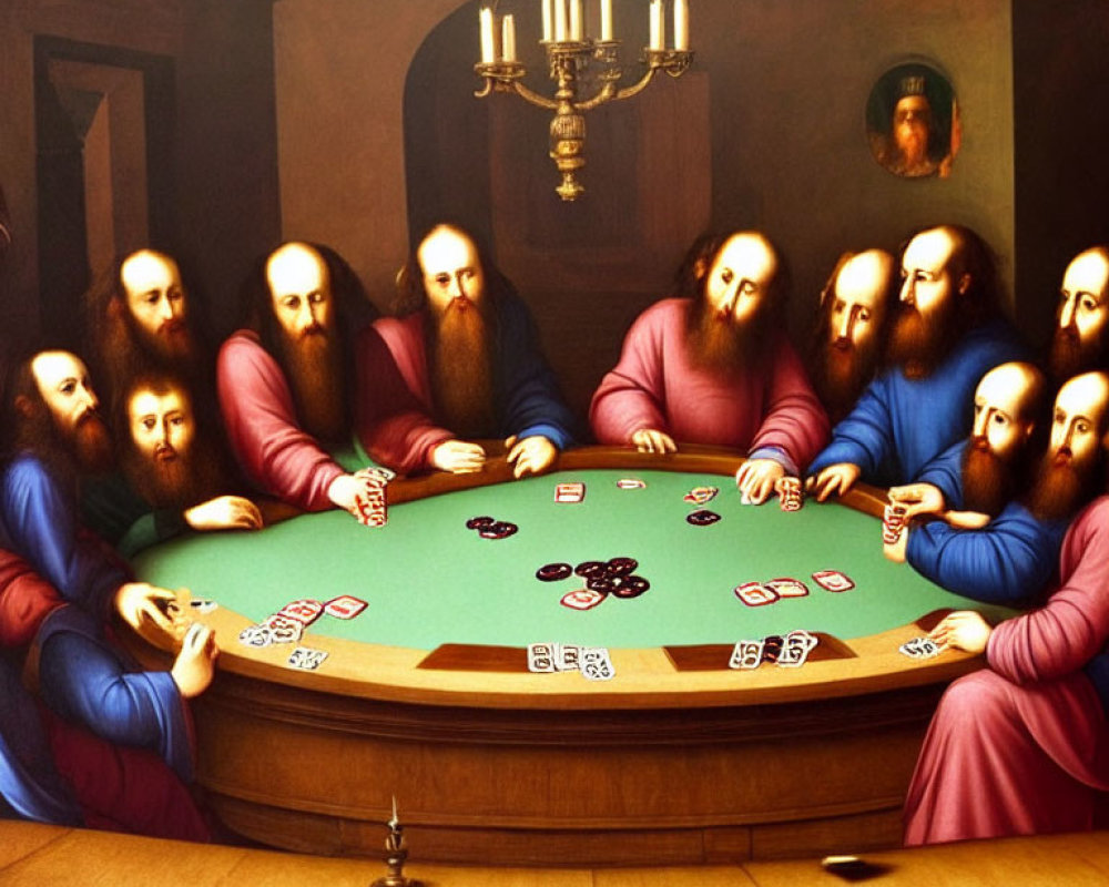 Historical figure look-alikes playing poker in a room with chandelier & portrait