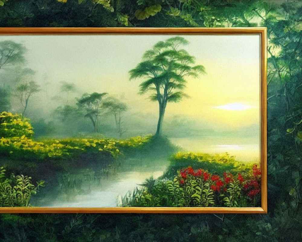 Framed landscape painting: serene lake scene at sunrise