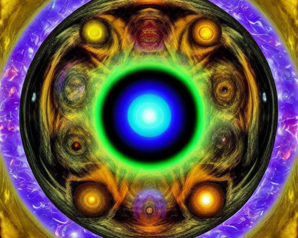 Colorful Fractal Art: Glowing Blue Circle with Symmetrical Patterns