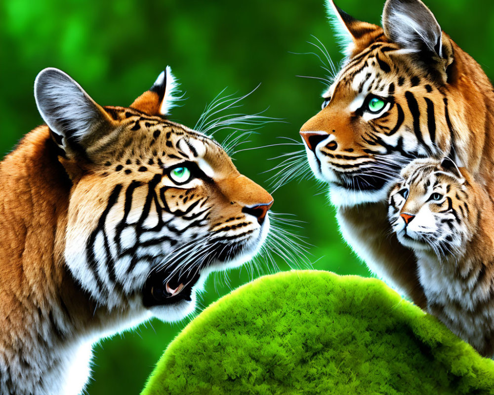 Three Tigers with Striking Blue Eyes on Green Background