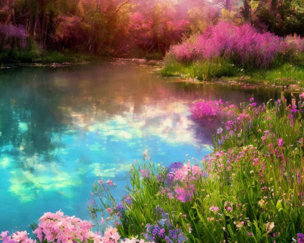 Tranquil lake with lush greenery and blooming pink flowers