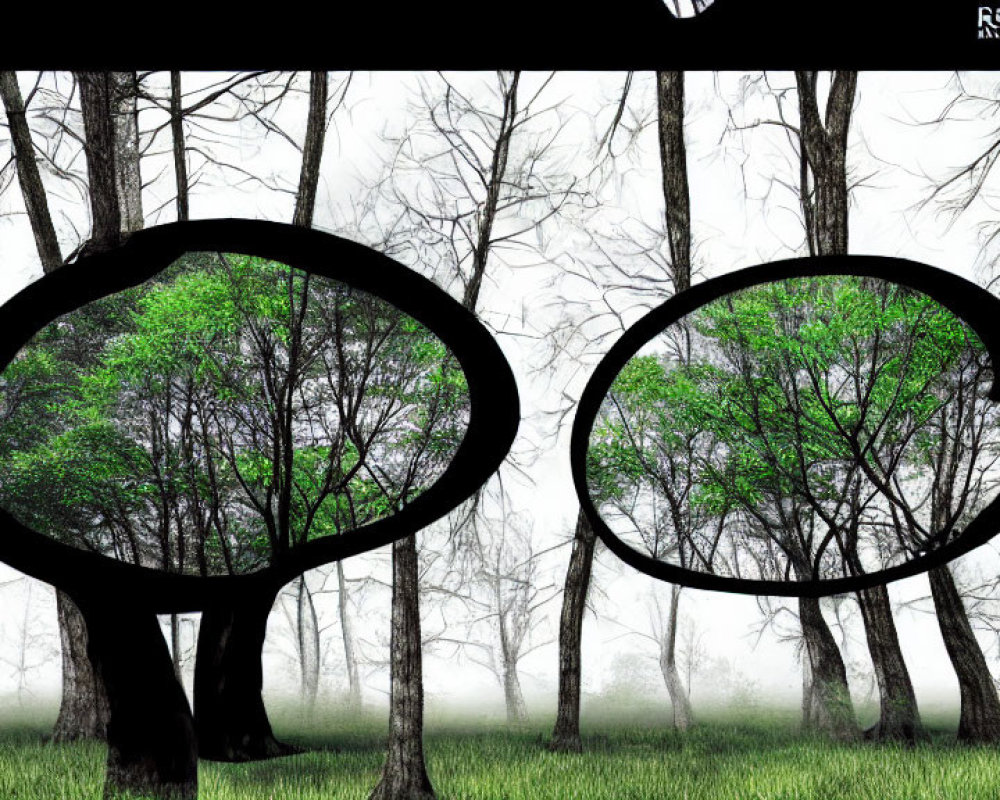 Foggy forest with circular cut-outs of green leaves on white background