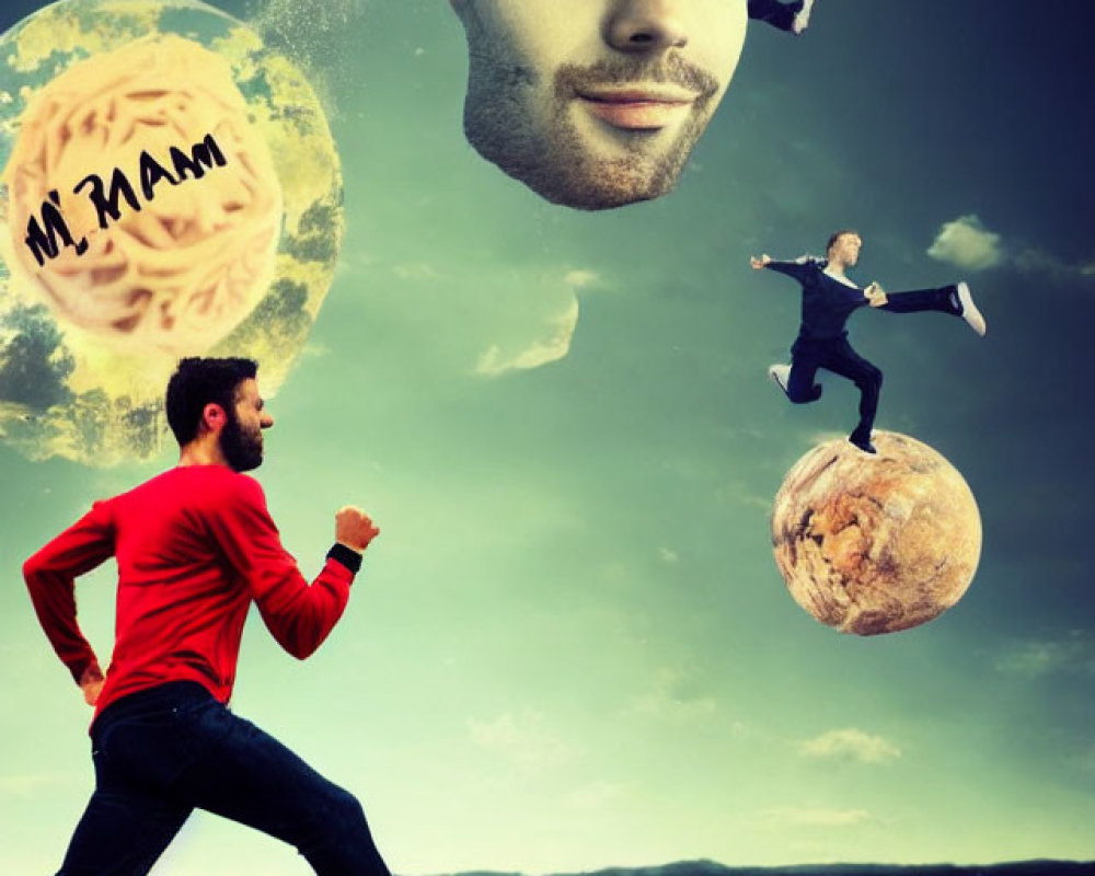 Surreal composition: man running on road, cosmic elements, floating head, person flying