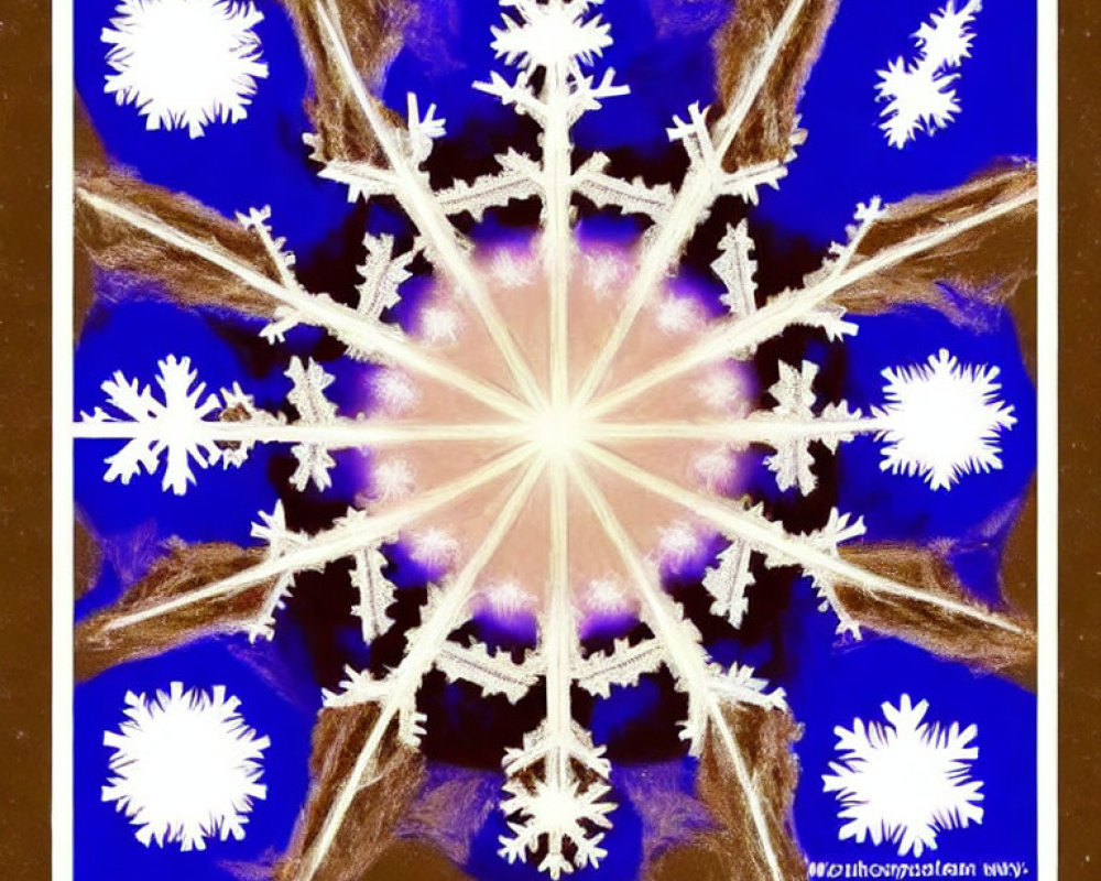 Symmetrical kaleidoscope pattern with white snowflakes on rich blue background