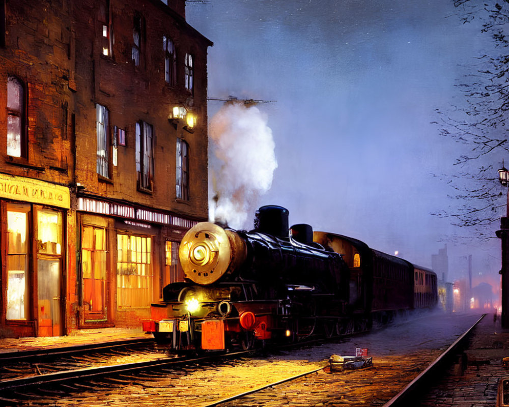 Vintage Steam Locomotive on Urban Tracks at Night with Glowing Windows