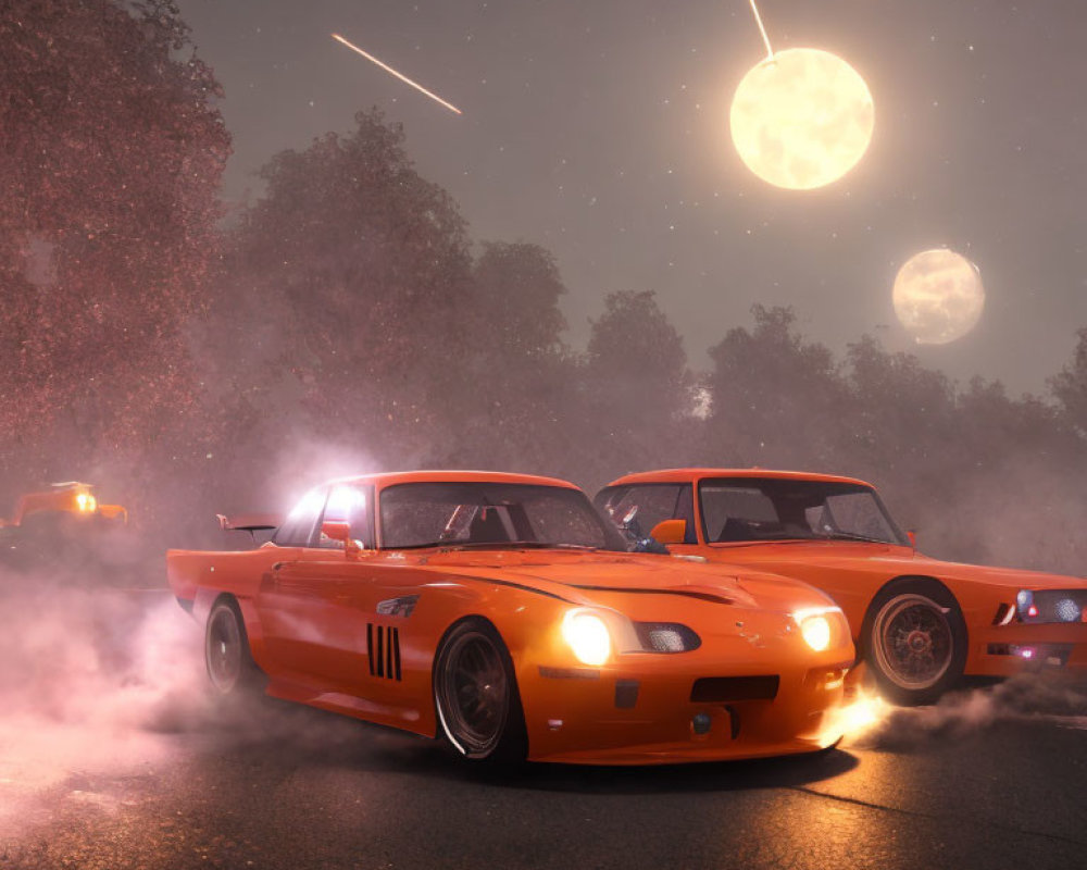 Nighttime sports cars race under multiple moons and shooting stars with dramatic lighting and mist.