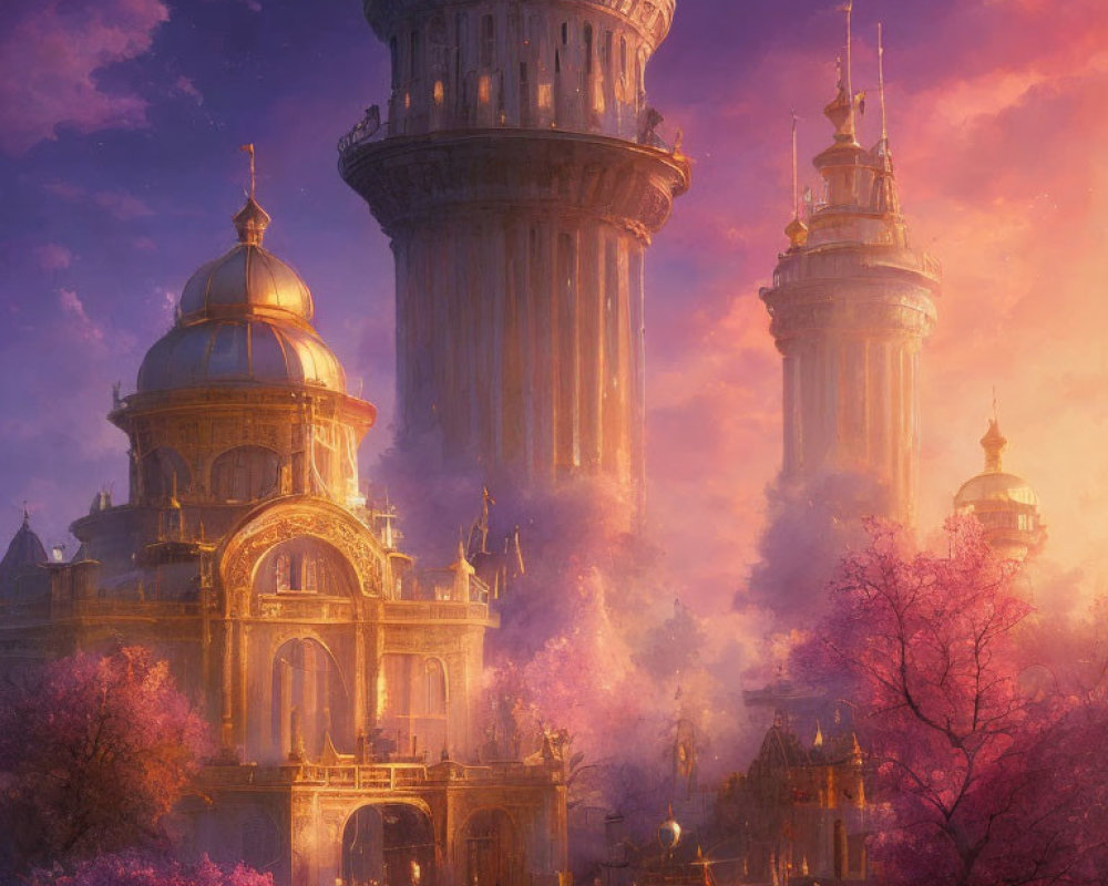 Majestic towers, golden domes, cherry blossoms in pink-hued fantasy landscape