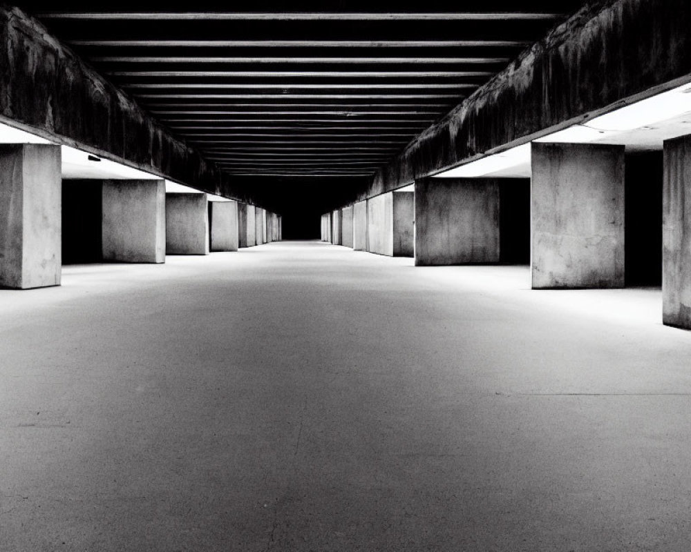 Symmetrical deserted pedestrian underpass with concrete pillars