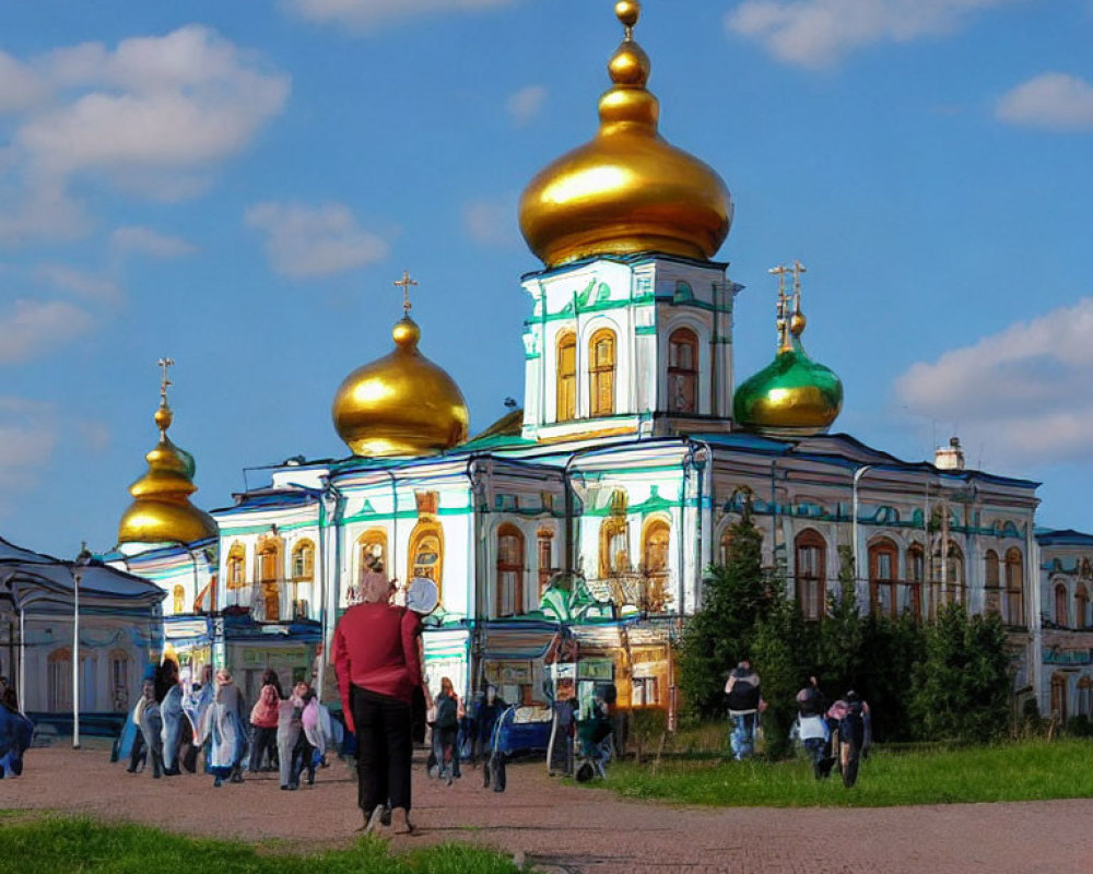 Vibrant orthodox cathedral with golden domes under clear blue sky