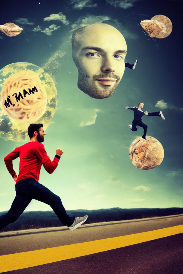 Surreal composition: man running on road, cosmic elements, floating head, person flying