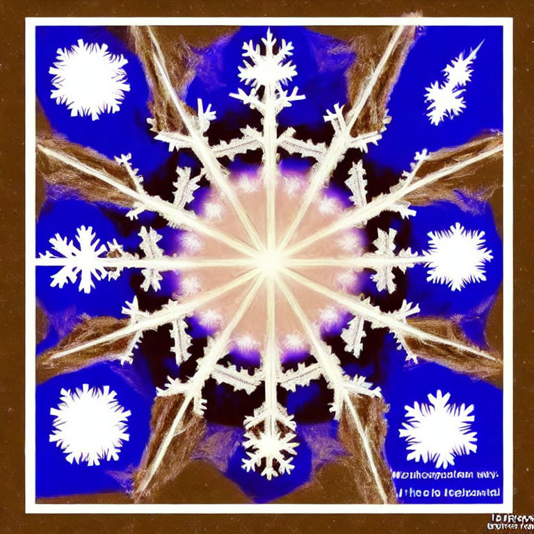 Symmetrical kaleidoscope pattern with white snowflakes on rich blue background