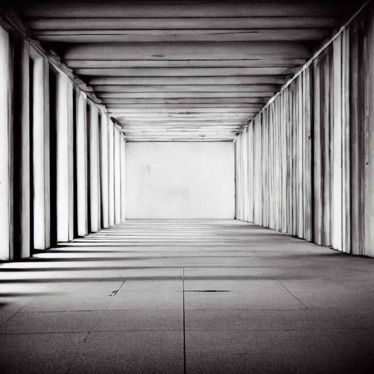 Symmetrical corridor with vertical columns in grayscale