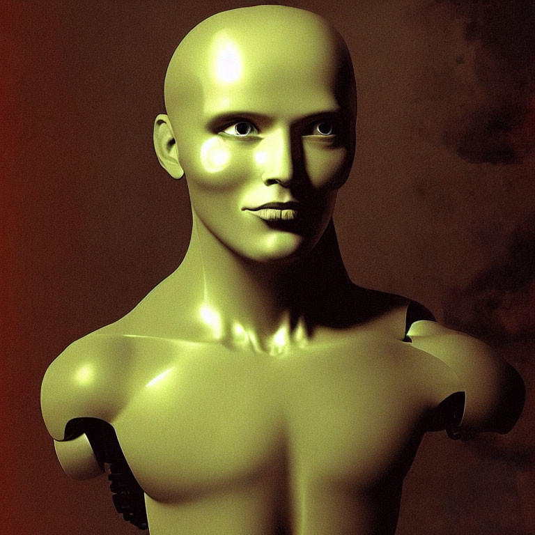 Golden humanoid robot in contemplative pose on warm backdrop