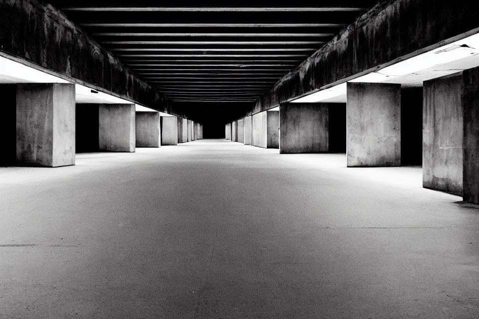 Symmetrical deserted pedestrian underpass with concrete pillars