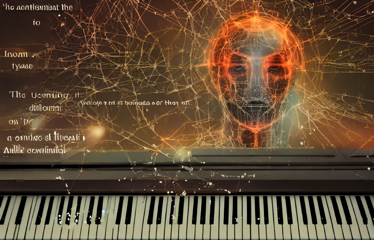 Digital orange and blue skull on piano keyboard with abstract lines and glowing effects