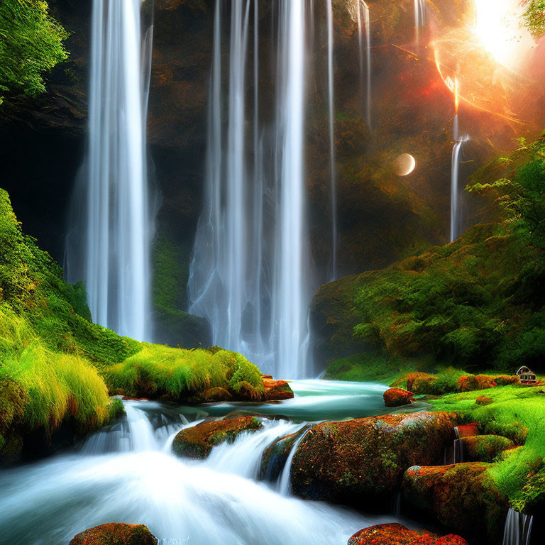 Tranquil waterfall scene with lush greenery and sunlight filtering through mist