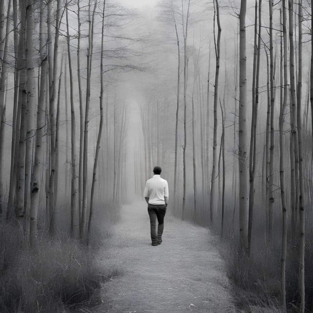 Monochrome image of person walking down misty path